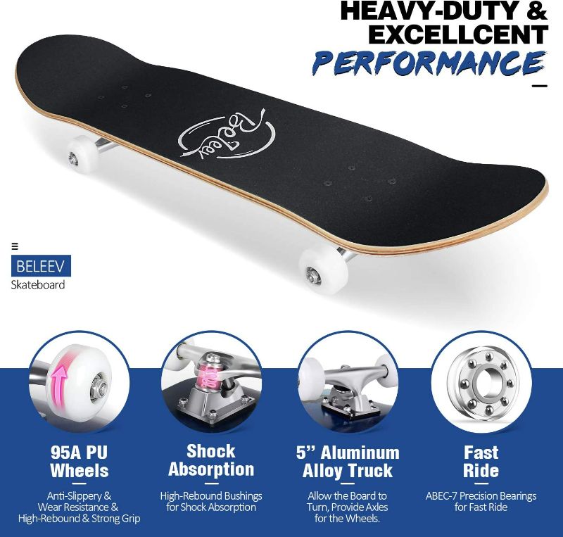 Photo 3 of BELEEV Skateboards for Beginners, 31 Inch Complete Skateboard for Kids Teens Adults, 7 Layer Canadian Maple Double Kick Deck Concave Cruiser Trick Skateboard with All-in-One Skate T-Tool
