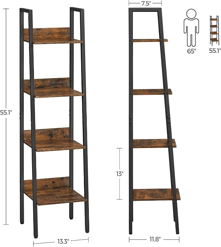 Photo 2 of VASAGLE Bookshelf, 4-Tier Ladder Shelf, Freestanding Storage Shelves, for Home Office Living Room Bedroom Kitchen, Steel Frame, Simple Assembly, Industrial, Rustic Brown and Black ULLS108B01
