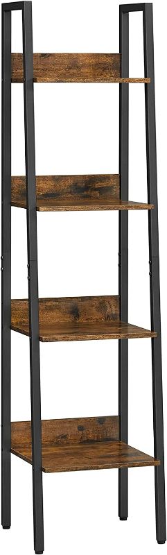 Photo 1 of VASAGLE Bookshelf, 4-Tier Ladder Shelf, Freestanding Storage Shelves, for Home Office Living Room Bedroom Kitchen, Steel Frame, Simple Assembly, Industrial, Rustic Brown and Black ULLS108B01
