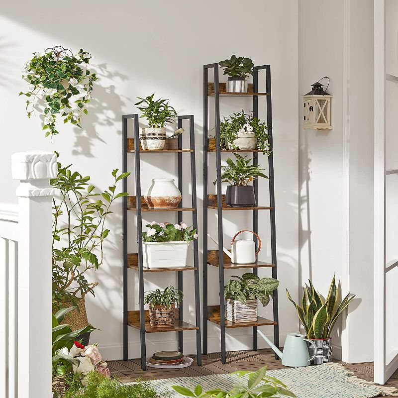 Photo 3 of VASAGLE Bookshelf, 4-Tier Ladder Shelf, Freestanding Storage Shelves, for Home Office Living Room Bedroom Kitchen, Steel Frame, Simple Assembly, Industrial, Rustic Brown and Black ULLS108B01
