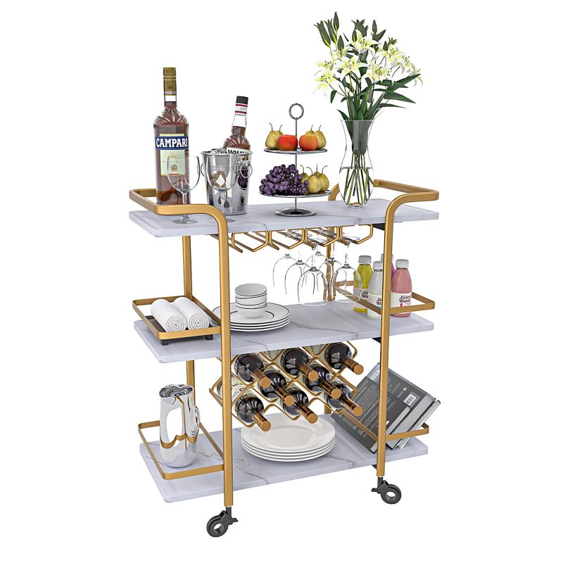 Photo 1 of Jubao Bar Cart, 3-Tier Storage Serving Cart Rolling Wine Trolley Kitchen Island Cart with Wine Glass Holder, Handle Racks with Light Stone Finish Wood and GOLD Metal Commercial or Home Use

