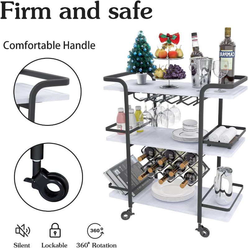 Photo 2 of Jubao Bar Cart, 3-Tier Storage Serving Cart Rolling Wine Trolley Kitchen Island Cart with Wine Glass Holder, Handle Racks with Light Stone Finish Wood and GOLD Metal Commercial or Home Use
