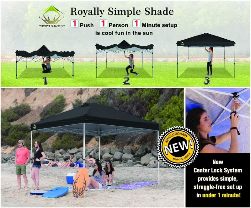 Photo 2 of CROWN SHADES 10x10 Pop up Canopy Outside Canopy, Patented One Push Tent Canopy with Wheeled Carry Bag, Bonus 8 Stakes and 4 Ropes, Black

