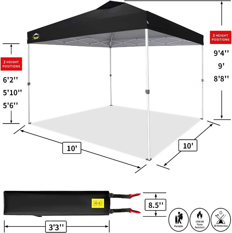 Photo 4 of CROWN SHADES 10x10 Pop up Canopy Outside Canopy, Patented One Push Tent Canopy with Wheeled Carry Bag, Bonus 8 Stakes and 4 Ropes, Black
