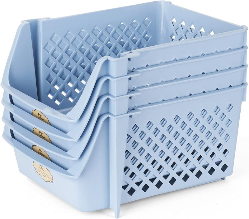 Photo 2 of Stackable Storage Bins for Food, Snacks, Bottles, Toys, Toiletries, Plastic Storage Baskets Set of 4, 15x10x7 Inch/bin, All Blue Color, Storage Sins Stackable for Saving Place
