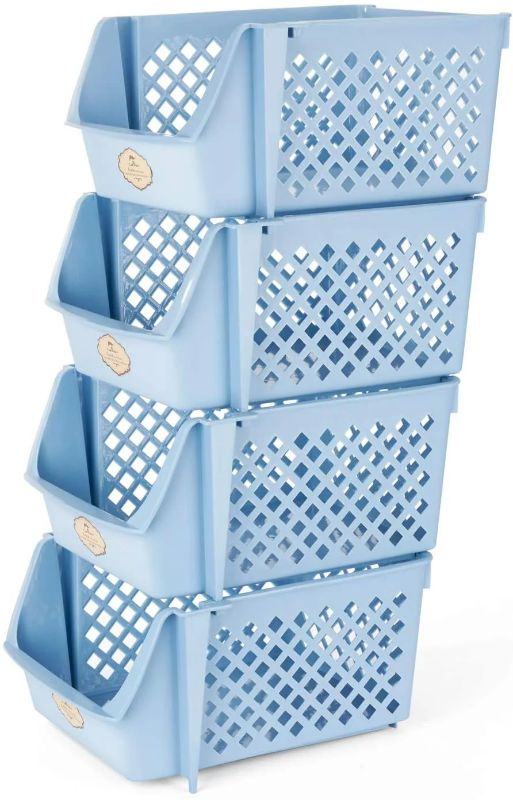 Photo 1 of Stackable Storage Bins for Food, Snacks, Bottles, Toys, Toiletries, Plastic Storage Baskets Set of 4, 15x10x7 Inch/bin, All Blue Color, Storage Sins Stackable for Saving Place
