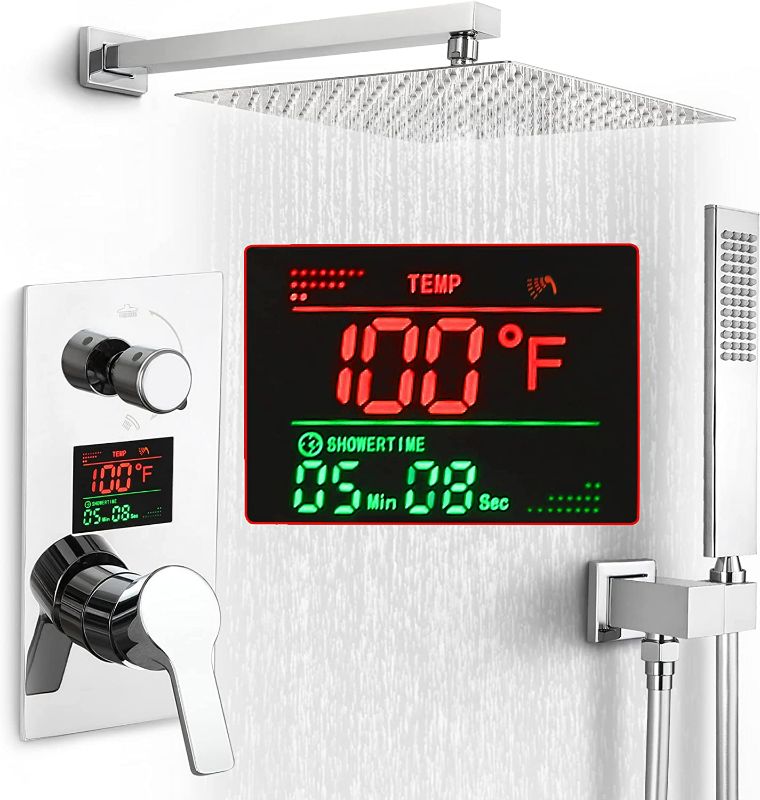 Photo 1 of SKOWLL Shower System Wall Mounted 12 In Rainfall Shower Head Temperature Display Valve Trim Kit, Polished Chrome
