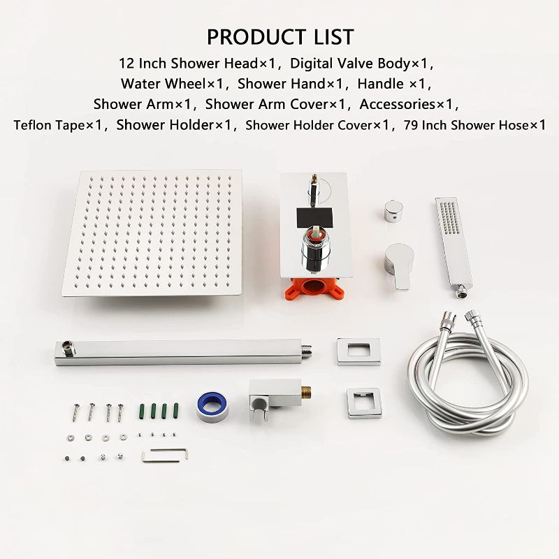 Photo 1 of SKOWLL Shower System Wall Mounted 12 In Rainfall Shower Head Temperature Display Valve Trim Kit, Polished Chrome
