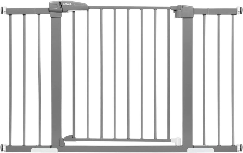 Photo 1 of Babelio Metal Baby Gate, 29-48'' Easy Install Pet Gate, Extra Wide Walk Thru Child Safety Gate with Door, Pressure Mounted Dog Gate for Doorways & Stairs, with Y Spindle Rods, Gray