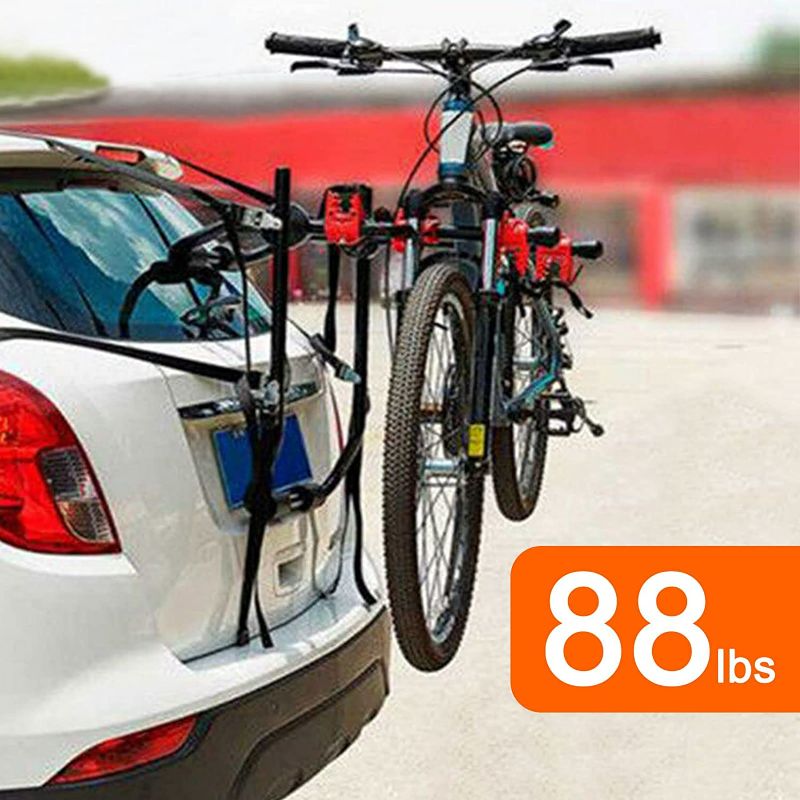 Photo 2 of ZAWAYINE Upgraded Bike Racks Rear Trunk Boot Mount 3 Bicycle Carrier Car Rack Portable 3 Bikes Trunk Mount Hatchback SUV or Car Sport Bicycle Carrier Stand