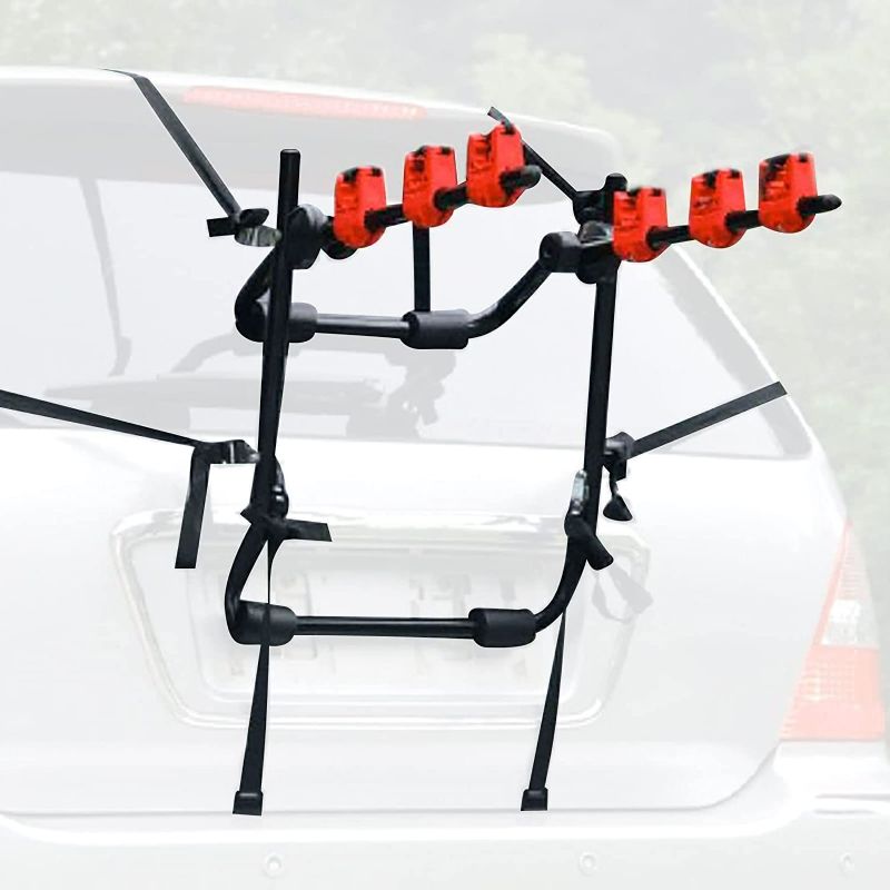 Photo 1 of ZAWAYINE Upgraded Bike Racks Rear Trunk Boot Mount 3 Bicycle Carrier Car Rack Portable 3 Bikes Trunk Mount Hatchback SUV or Car Sport Bicycle Carrier Stand