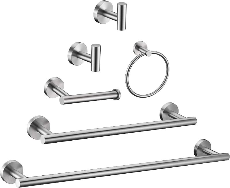 Photo 1 of 6 Pieces Brushed Nickel Bathroom Hardware Accessories Set Hand Towel Ring 18&23.6 inch Round Towel Bar Silver Toilet Paper Holder Towel Hooks 2 Pieces SUS 304 Stainless Steel,Heavy Duty,Wall Mounted