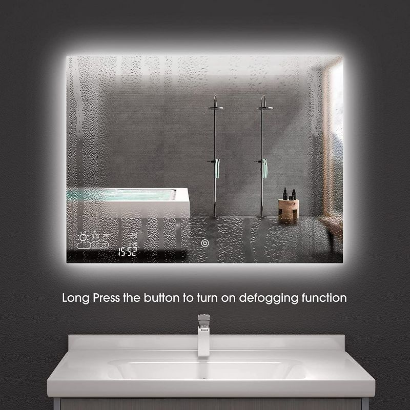 Photo 4 of BYECOLD Smart Bathroom Mirror with Bluetooth Touch Switch Weather Forecast LED Light Defogging Makeup Wall Mirror with Calendar Time Date Temperature Humidity Display-Horizontal 31.5" x 23.6"