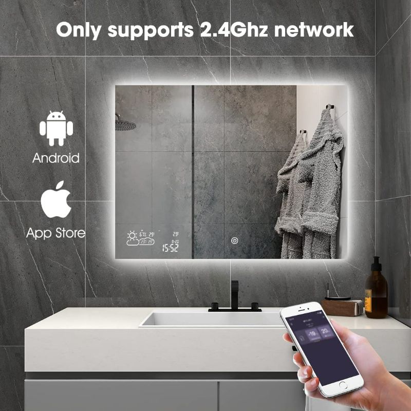 Photo 6 of BYECOLD Smart Bathroom Mirror with Bluetooth Touch Switch Weather Forecast LED Light Defogging Makeup Wall Mirror with Calendar Time Date Temperature Humidity Display-Horizontal 31.5" x 23.6"