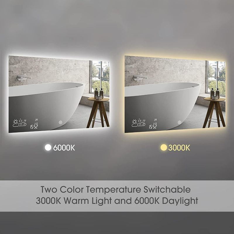 Photo 3 of BYECOLD Smart Bathroom Mirror with Bluetooth Touch Switch Weather Forecast LED Light Defogging Makeup Wall Mirror with Calendar Time Date Temperature Humidity Display-Horizontal 31.5" x 23.6"