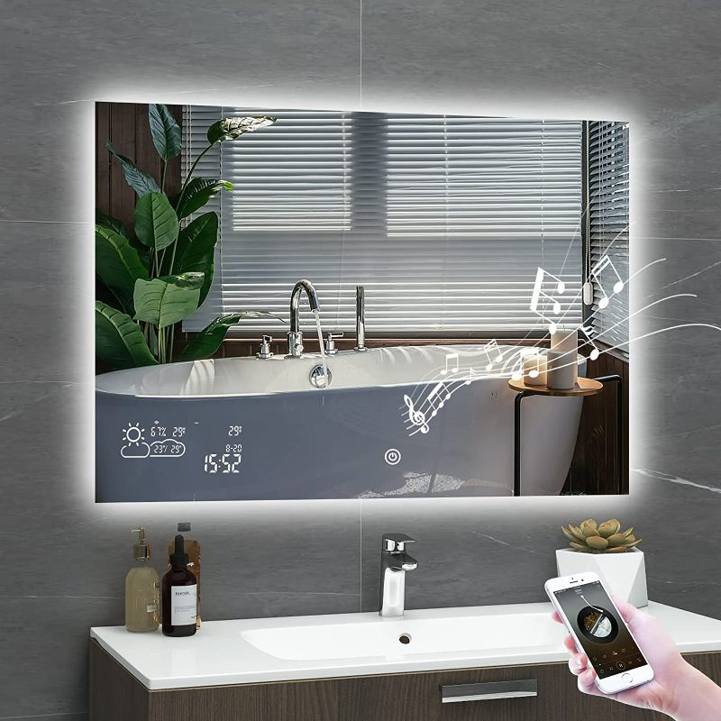 Photo 1 of BYECOLD Smart Bathroom Mirror with Bluetooth Touch Switch Weather Forecast LED Light Defogging Makeup Wall Mirror with Calendar Time Date Temperature Humidity Display-Horizontal 31.5" x 23.6"