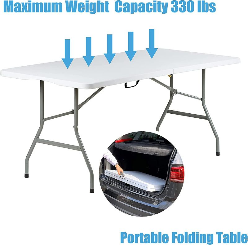 Photo 2 of Go-Trio 6 Foot Folding Table 6ft Portable Plastic Tables for Party, Fold-in-Half Foldable Heavy Duty Table, 6’Utility Dining Card Long Table, Indoor Outdoor Folded up for Picnic, Camping, White, Large