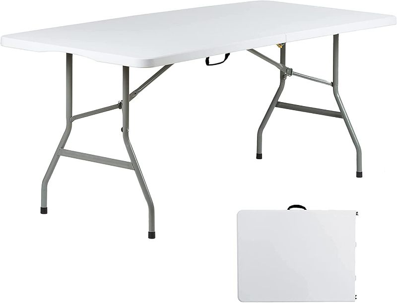 Photo 1 of Go-Trio 6 Foot Folding Table 6ft Portable Plastic Tables for Party, Fold-in-Half Foldable Heavy Duty Table, 6’Utility Dining Card Long Table, Indoor Outdoor Folded up for Picnic, Camping, White, Large