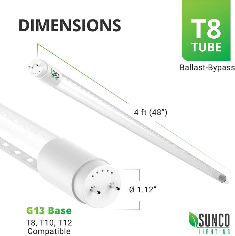 Photo 2 of Sunco Lighting 10 Pack T8 LED 4FT Tube Light Bulbs Ballast Bypass Fluorescent Replacement, 5000K Daylight, 18W, Clear Cover, Retrofit, Single Ended Power (SEP), Commercial Grade – UL