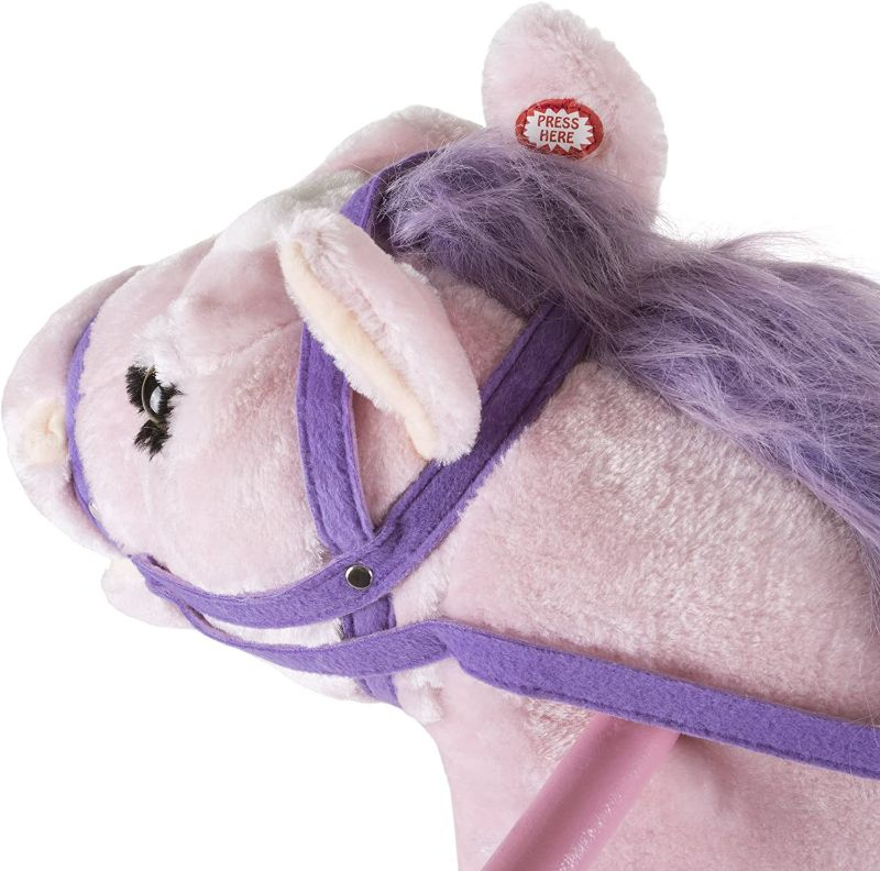 Photo 3 of Spring Rocking Horse Plush Ride on Toy with Adjustable Foot Stirrups and Sounds for Toddlers to 5 Years Old by Happy Trails - Pink
