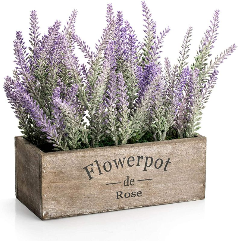 Photo 1 of Velener Purple Artificial Lavender Flowers with Decorative Tray Wooden Box Plant Pot 9"- Faux Plants Indoor Garden Rustic Farmhouse Spring Decoration, Shelf, Kitchen, Home Office, Bathroom, Outdoor