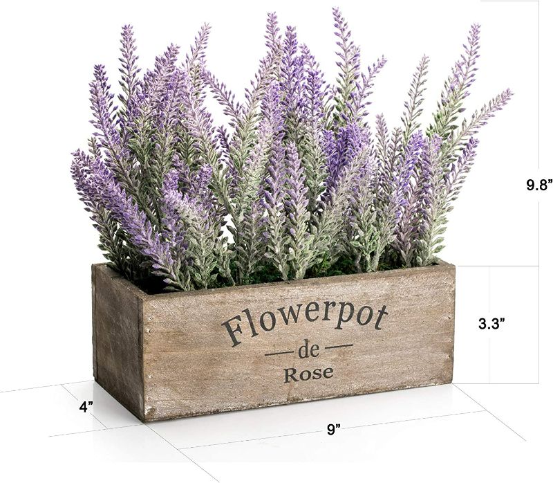 Photo 2 of Velener Purple Artificial Lavender Flowers with Decorative Tray Wooden Box Plant Pot 9"- Faux Plants Indoor Garden Rustic Farmhouse Spring Decoration, Shelf, Kitchen, Home Office, Bathroom, Outdoor