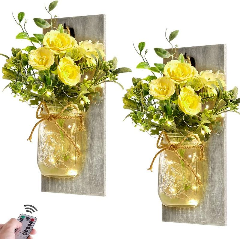 Photo 1 of Wall Decor Mason Jar Sconces - Rustic Farmhouse Home Decor with Remote Control Wall Lights and Yellow Rose for Bedroom Wall Decor Living Room Kitchen Decorations Set of Two