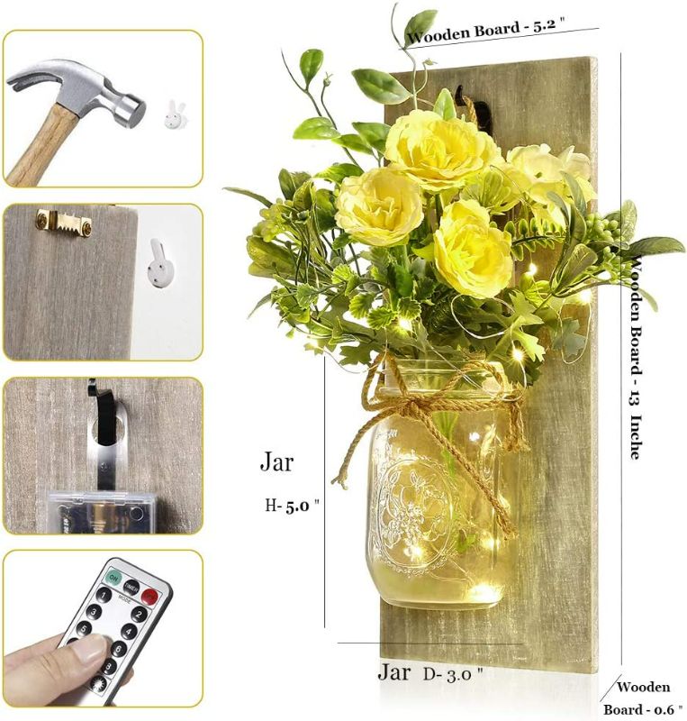 Photo 3 of Wall Decor Mason Jar Sconces - Rustic Farmhouse Home Decor with Remote Control Wall Lights and Yellow Rose for Bedroom Wall Decor Living Room Kitchen Decorations Set of Two