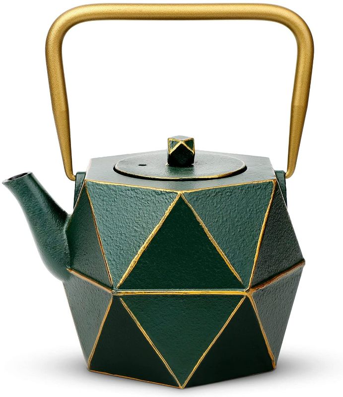 Photo 1 of Toptier Cast Iron Teapot, Stovetop Safe Japanese Cast Iron Tea Kettle, Diamond Design Tea Pot with Removable Infuser for Loose Tea, 54 Ounce (1600 ml), Dark Green
