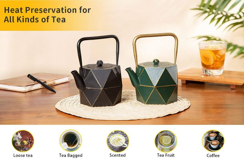 Photo 3 of Toptier Cast Iron Teapot, Stovetop Safe Japanese Cast Iron Tea Kettle, Diamond Design Tea Pot with Removable Infuser for Loose Tea, 54 Ounce (1600 ml), Dark Green
