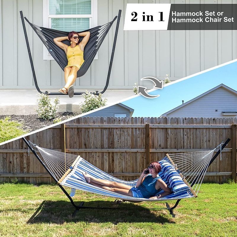 Photo 2 of SUNCREAT 2-in-1 Convertible Hammock Chair with Stand Included, Outdoor Hammock Swing Chair with Stand, Patent Pending, Blue Stripe
