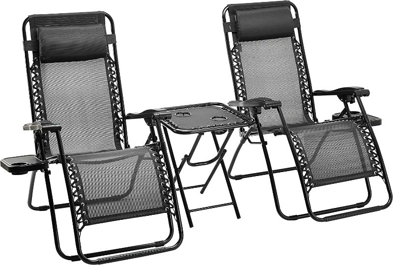 Photo 1 of Amazon Basics Textilene Outdoor Adjustable Zero Gravity Folding Reclining Lounge Chair with Side table and Pillow - Pack of 2, Black
