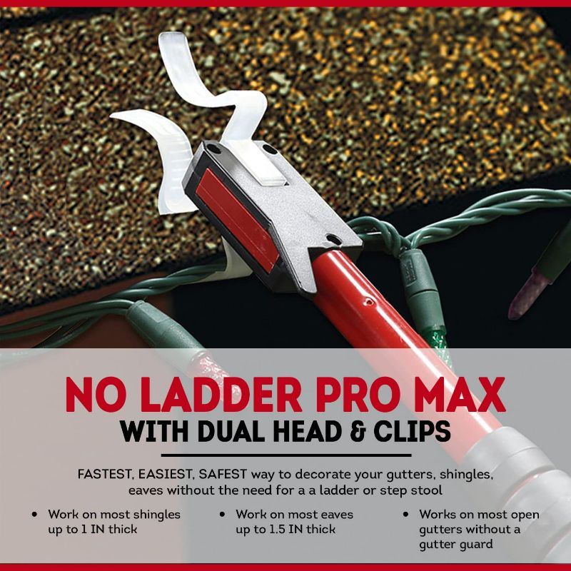 Photo 2 of No Ladder PRO MAX Telescoping Pole with Dual Heads & 25 Rapid Release Light Clips for use on Shingles, Gutters, and Eaves - Light Hanging Kit for Christmas Lights and Year Round Decorations
