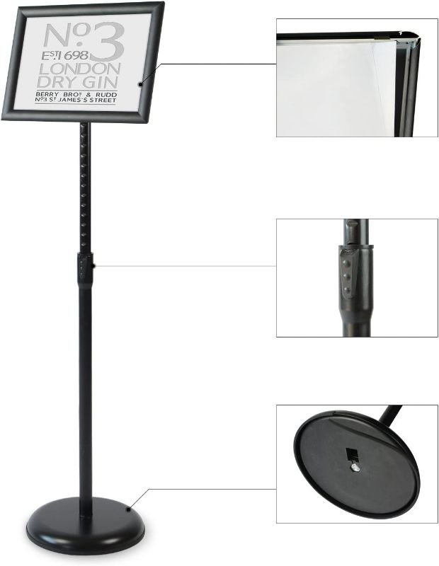Photo 3 of Klvied Heavy Duty Pedestal Poster Sign Stand, Adjustable Aluminum 11" x 17" Floor Standing Sign Holder for Both Vertical and Horizontal View, Black
