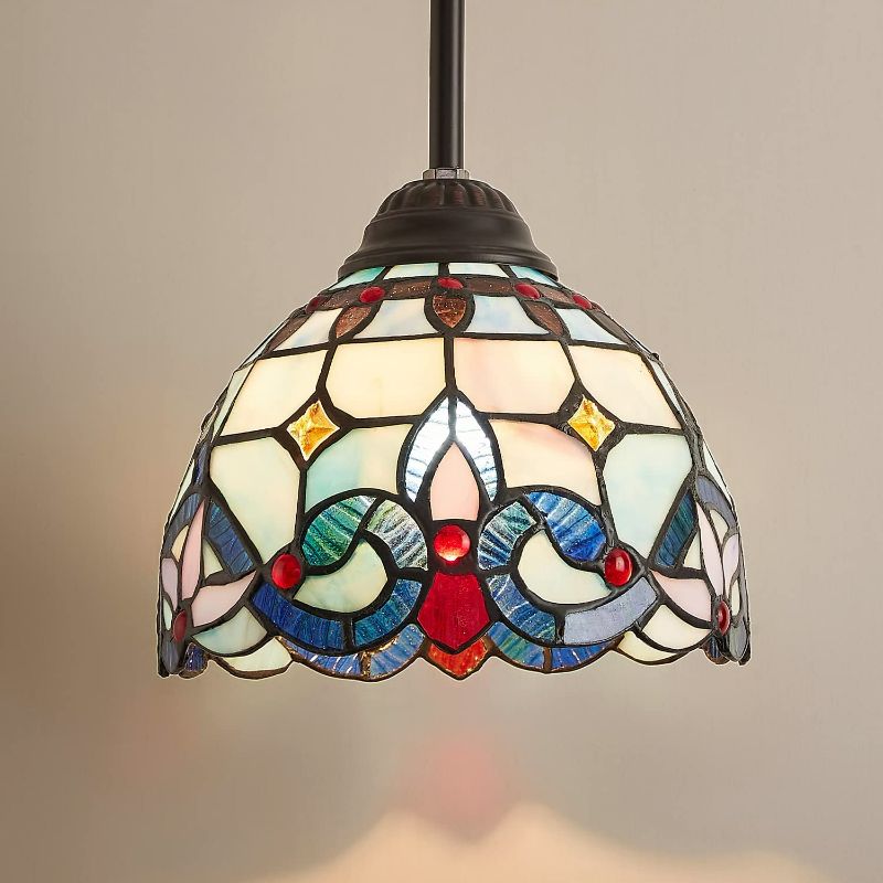 Photo 1 of Noele 8 Inch Tiffany Pendant Light, Antique Handicrafts Stained Glass Hanging Lights Fxiture, Traditional Victorian Style Flush-Mount Swag Lighting for Kitchen/Dining Room/Hallway/Bedroom
