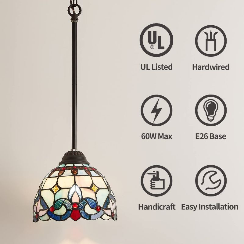 Photo 2 of Noele 8 Inch Tiffany Pendant Light, Antique Handicrafts Stained Glass Hanging Lights Fxiture, Traditional Victorian Style Flush-Mount Swag Lighting for Kitchen/Dining Room/Hallway/Bedroom
