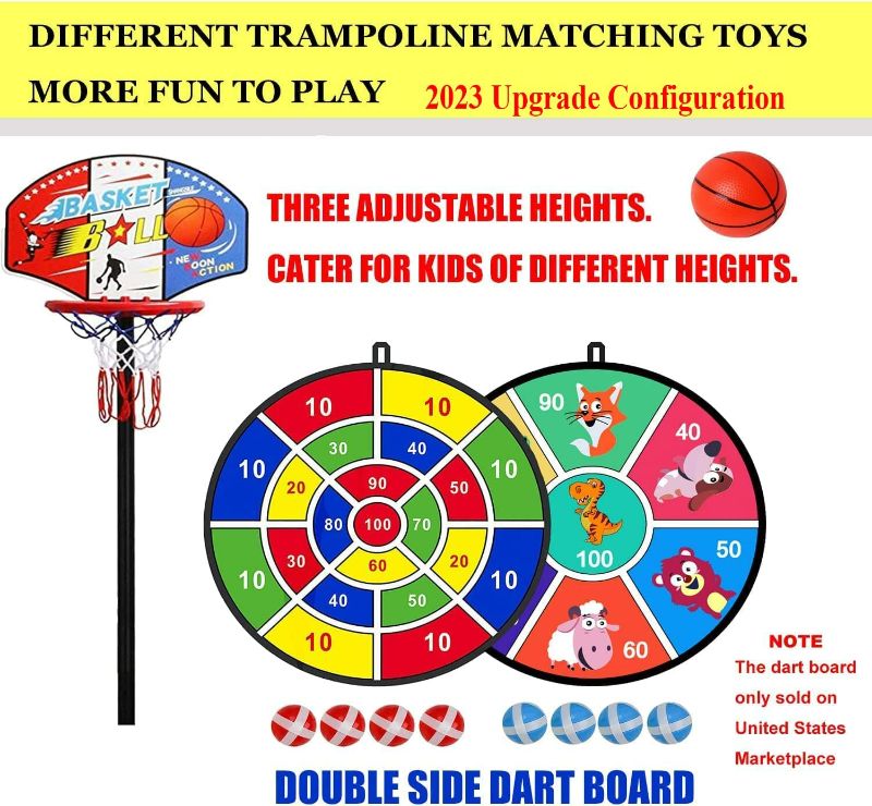 Photo 2 of LANGXUN 60" Trampoline for Kids - 5ft Outdoor Indoor Mini Toddler Trampoline with Net, Basketball Hoop & Dart Board, Birthday Gifts for Boys & Girls, Baby Toddler Toys 2023 Upgrade Model
