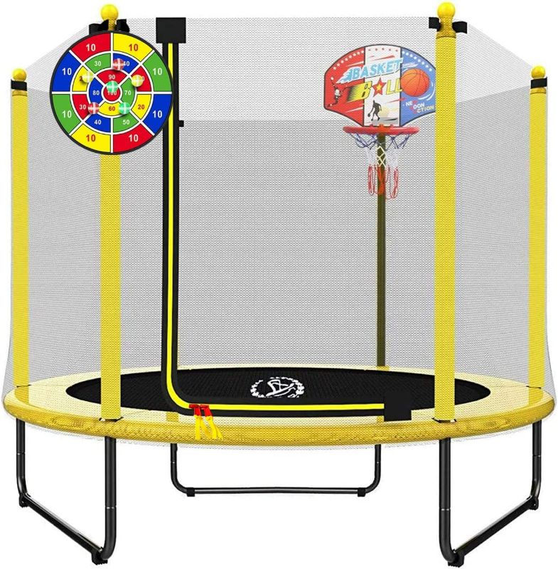Photo 1 of LANGXUN 60" Trampoline for Kids - 5ft Outdoor Indoor Mini Toddler Trampoline with Net, Basketball Hoop & Dart Board, Birthday Gifts for Boys & Girls, Baby Toddler Toys 2023 Upgrade Model
