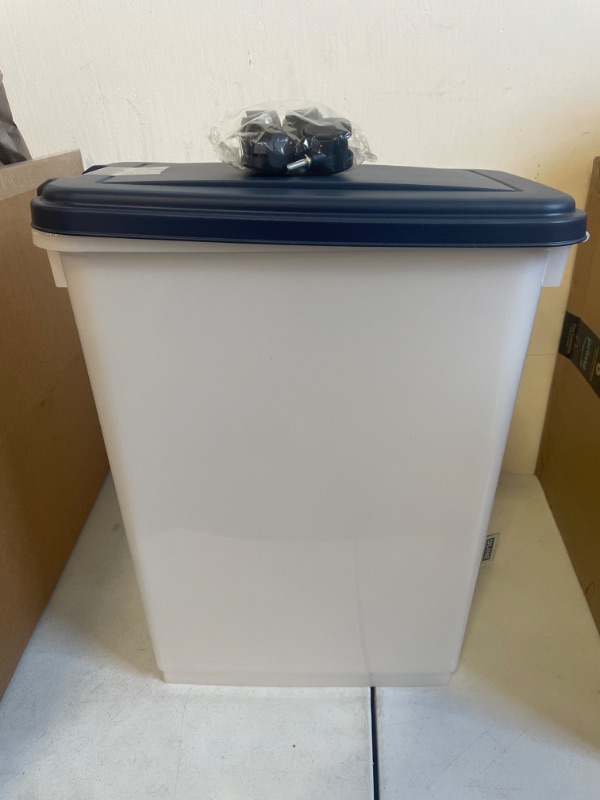 Photo 2 of IRIS USA WeatherPro Airtight Dog, Cat, Bird & Other Pet Food Storage Bin Container with Attachable Casters, Navy & Pearl

