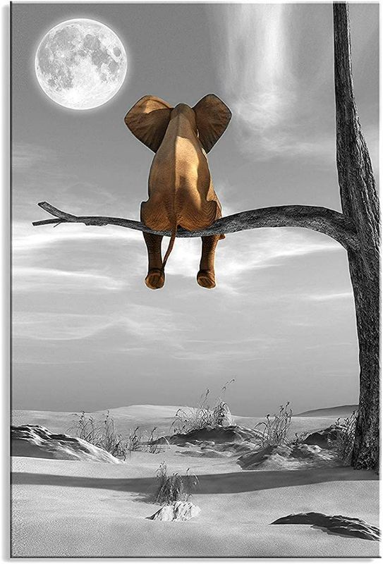 Photo 1 of youkuart Wall Art Animal Resting Elephant Look at The Moon Wall Pictures Giclee 20"X28" Wall Decor on Canvas Stretched Artwork Living Room Bedroom Ready to Hang
