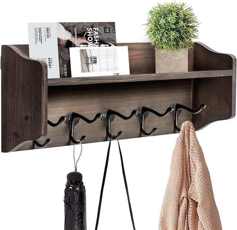 Photo 1 of Coat Hooks with Shelf Wall-Mounted, Rustic Wood Entryway Shelf with 5 Vintage Metal Hooks, Farmhouse Mounted Coat Rack and Upper Shelf for Storage, Perfect for Your Entryway, Kitchen, Bathroom