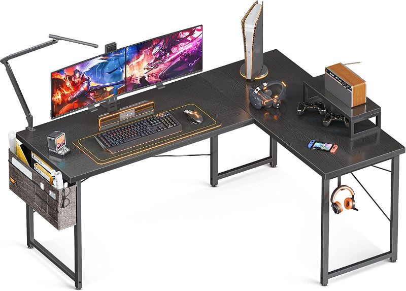 Photo 1 of ODK L Shaped Desk, 59" Computer Corner Desk, Gaming Desk, Home Office Writing Desk with Monitor Shelf, Space-Saving Workstation Desk, Modern Simple Wooden Desk, Easy to Assemble, Black
