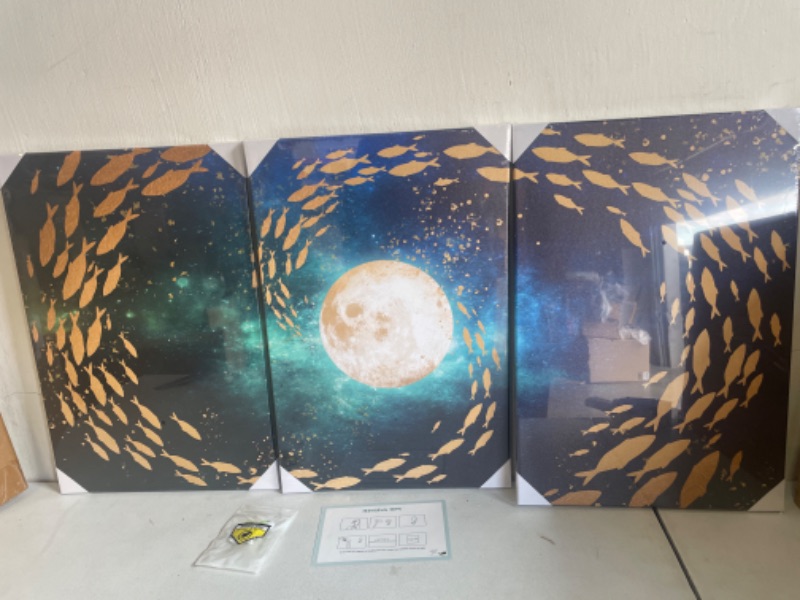 Photo 3 of HOMEOART 3 Pieces Fish Canvas Wall Art Abstract Full Moon Galaxy Landscape Painting Canvas Prints Living Room Bedroom Office Decor, Gold and Black
