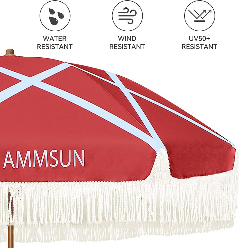 Photo 3 of AMMSUN 7ft Patio Umbrella with Fringe Outdoor Tassel Umbrella UPF50+ Wood Color Steel Pole and Steel Ribs Push Button Tilt,Red Star
