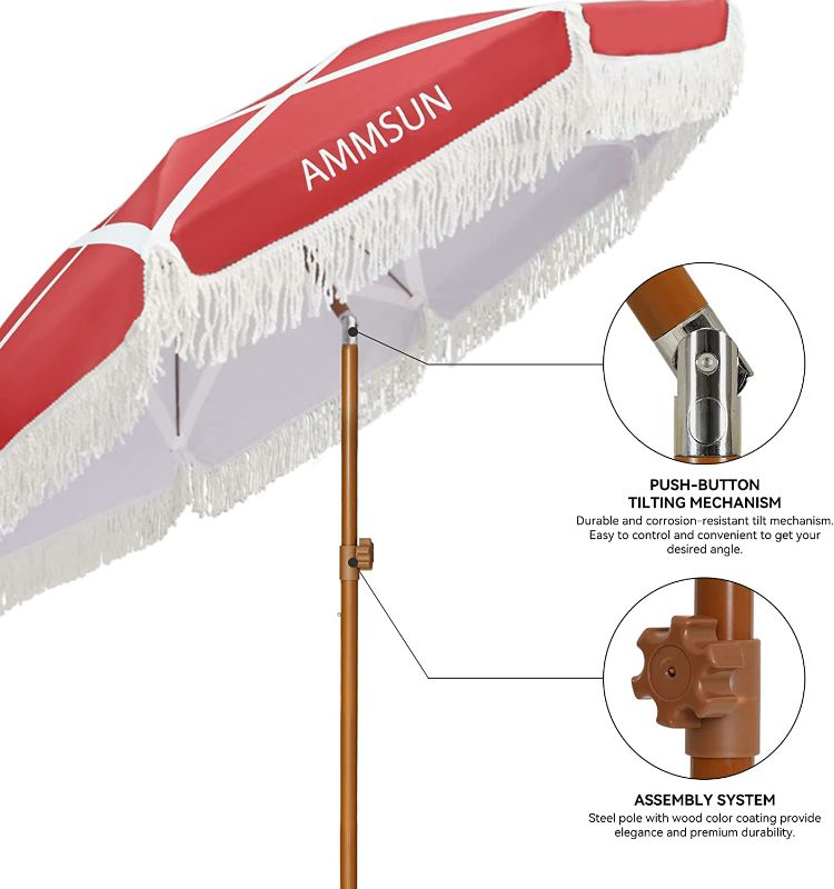 Photo 4 of AMMSUN 7ft Patio Umbrella with Fringe Outdoor Tassel Umbrella UPF50+ Wood Color Steel Pole and Steel Ribs Push Button Tilt,Red Star
