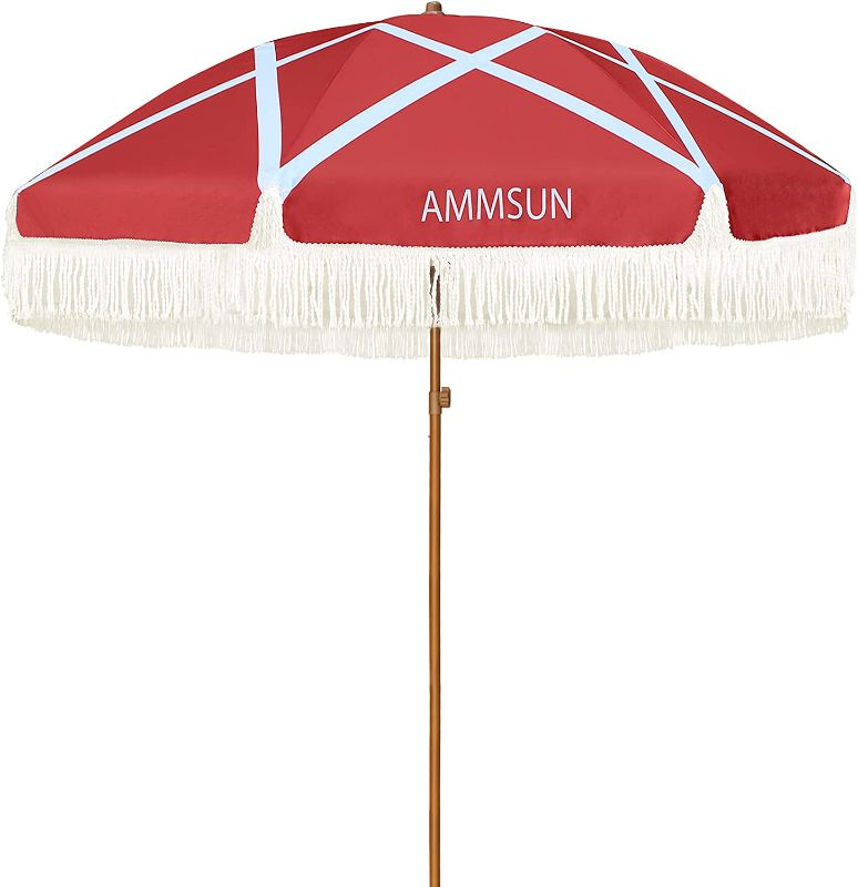 Photo 1 of AMMSUN 7ft Patio Umbrella with Fringe Outdoor Tassel Umbrella UPF50+ Wood Color Steel Pole and Steel Ribs Push Button Tilt,Red Star
