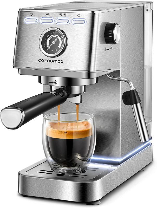 Photo 1 of Espresso Machine, 20Bar Compact Espresso and Cappuccino Maker with Milk Frother Wand, Professional Espresso Coffee Machine for Cappuccino and Latte, Stainless Steel, by Cozeemax
