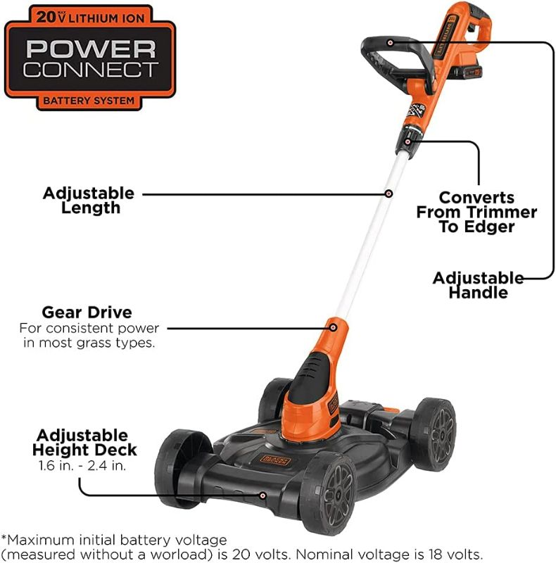 Photo 2 of BLACK+DECKER Cordless Lawn Mower, String Trimmer, Edger, 3-in-1 (MTC220) MISSING ADUSTABLE HEIGHT DECK 