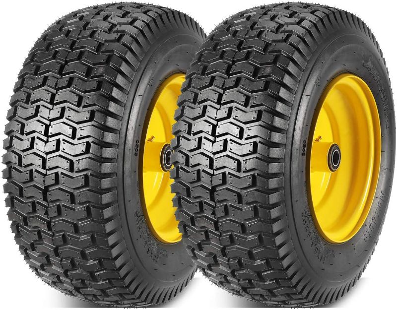 Photo 1 of MaxAuto 2Pcs 16x6.50-8 Front Tires and Wheels Assembly for Lawn Mower Tractors, 3" Offset Long Hub with 3/4"Bearings, Pneumatic Tire
