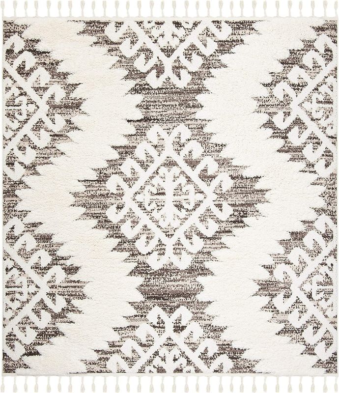 Photo 1 of SAFAVIEH Moroccan Tassel Shag Collection 8' Square Ivory / Brown MTS652A Boho Non-Shedding Living Room Bedroom Dining Room Entryway Plush 2-inch Thick Area Rug
